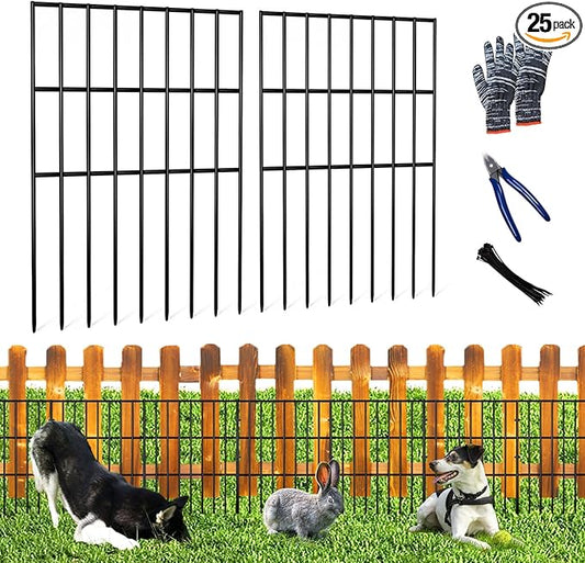25pcs Garden Fence Animal Barrier 27ft(L) X 17in(H) No Dig Barrier Fencing Dog Rabbits Blocker 9 Vertical Metal Wire Rustproof Border Decorative Fences for Outdoor, Yard, Patio