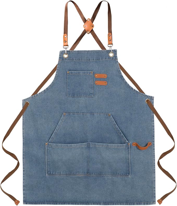 Denim Bbq Apron for Men Women with Pockets Adjustable Cross Back Chef Aprons for Kitchen Cooking Grilling Working