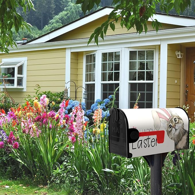 Happy Easter Mailbox Covers Magnetic Large Size 25.5 x 21 Inch Easter Cat with Bunny Ears Mailbox Cover Oversized Post Box Wraps Decorations for Spring Garden Yard