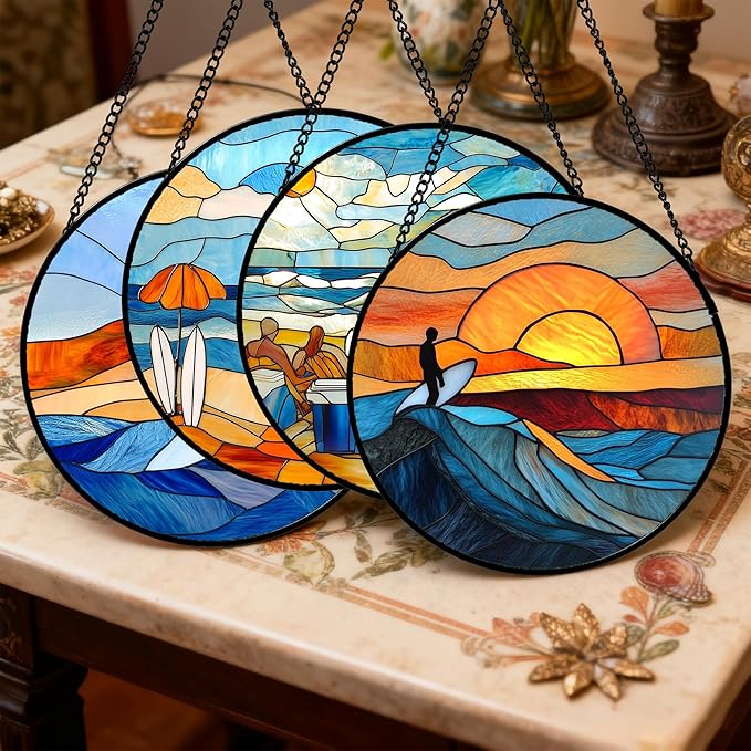 Stained Glass Window Hanging 4 Pcs Set Blue Ocean Surfing Beach Large 11.8" - Suncatcher Door Garden Sun Catcher Decor Birthday Mother's Day for Firefighte Men Woman Nana Mom