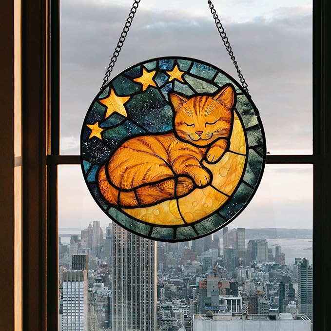 Stained Glass Window Hanging - Orange Cat Sun Catcher for Door Home Decor Stars and Moon Suncatcher Christmas Mother's Day Birthday Loss of a Pet Gifts for Women Men Mom Nana 6.3 in
