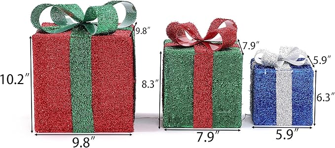 LuxenHome Set of 3 Lighted Gift Boxes, Plug-in Multi Color Boxes with Ribbon Bow for Xmas Holiday Display, Lawn, Porch, Under Tree Indoor, Outdoor Christmas Decoration.