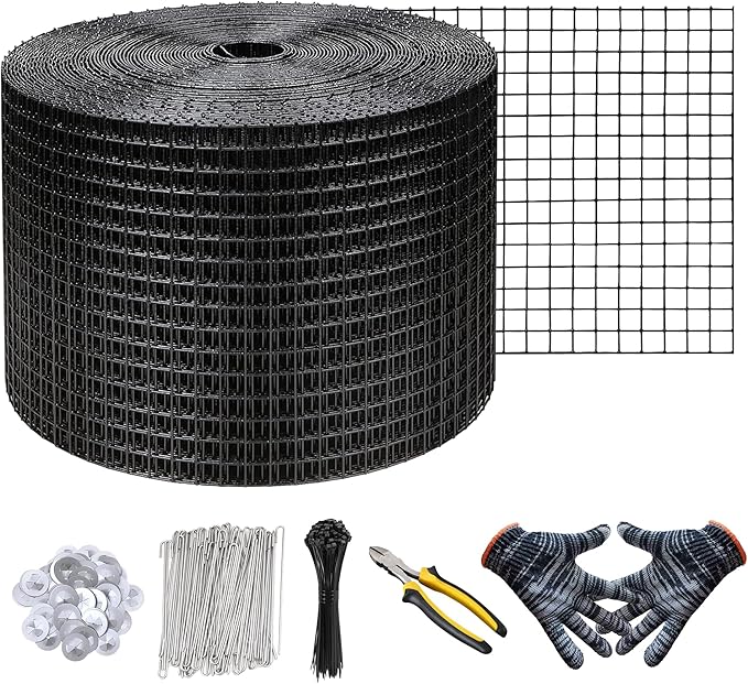 KastLite Solar Panel Bird Guard Mesh Kit - 6in x 100ft PVC Coated Galvanized Wire Screen with 100 Stainless Clips, Pliers & Gloves - No Drill Critter & Rodent Barrier Fence for Under Panels, Black