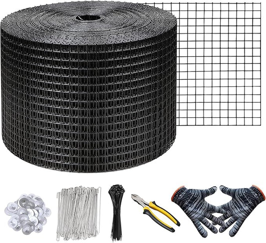 KastLite Solar Panel Bird Guard Mesh Kit - 6in x 100ft PVC Coated Galvanized Wire Screen with 100 Stainless Clips, Pliers & Gloves - No Drill Critter & Rodent Barrier Fence for Under Panels, Black