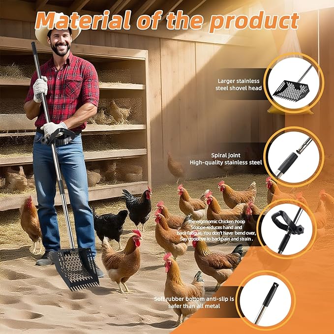 Chicken Poop Scooper＆Rake 2-in-1,Adjustable Rubber Grip Stainless Steel Shovel Head, Adjustable Handle(23 to 65"), Small Farm Animals for Pet Waste Cleaning Chicken Coop Scoop Accessories