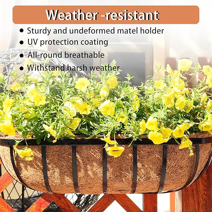 24'' Window Box Railing Planter with Coco Liner,2 Pack Horse Trough Planters Black Metal Hanging Flower Planters Basket for Porch Fence Patio Indoor Outdoor Lawn
