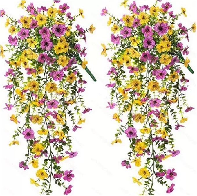 Artificial Faux Hanging Flowers Plants for Outdoor Decor 2 PCS Outside Fake Mums Violets with Eucalyptus UV Resistant Realistic Daisy Trailing Vines for Yard Balcony Porch Decor (Yellow Purple)