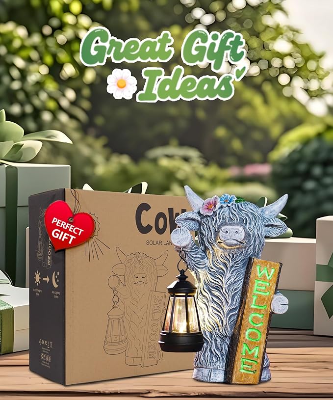 Nacome Highland Cow Garden Statue for Decor: Outdoor Sculpture with Solar Lantern and Welcome Sign for Outside Ornament Yard Art Lawn Porch Patio Balcony - Birthday Gifts for Women Mom(Gray)