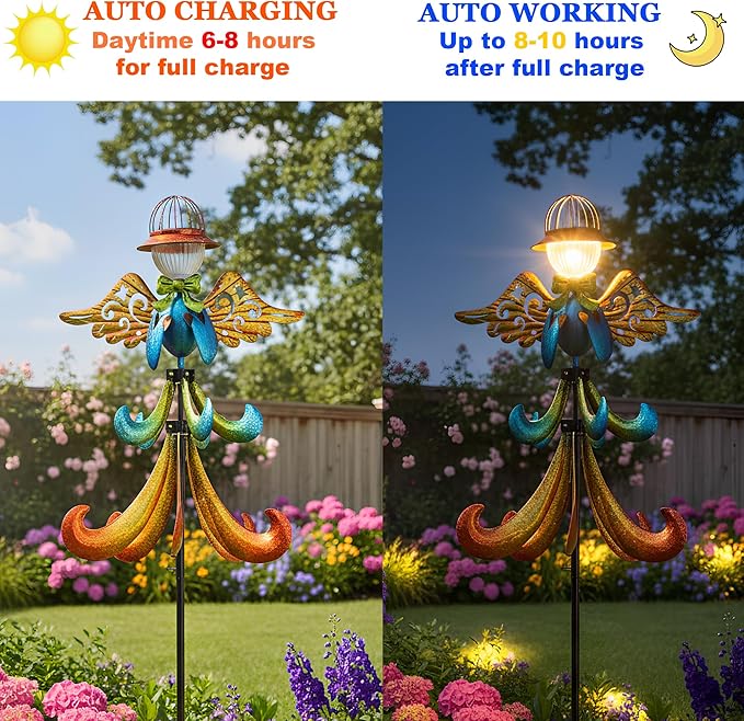 Large Outdoor Wind Spinner with Solar LED Light, Metal Angel Wind Garden Wind Turbine Stake, Weather-Resistant Decorative Solar-Powered Yard Art for Lawn, Patio & Garden