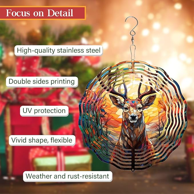 Deer Head Wind Spinner 3D Frosted Deers Head Wind Spinner Hanging for Yard and Garden, Cute Spinners Made of Tough Steel Plate