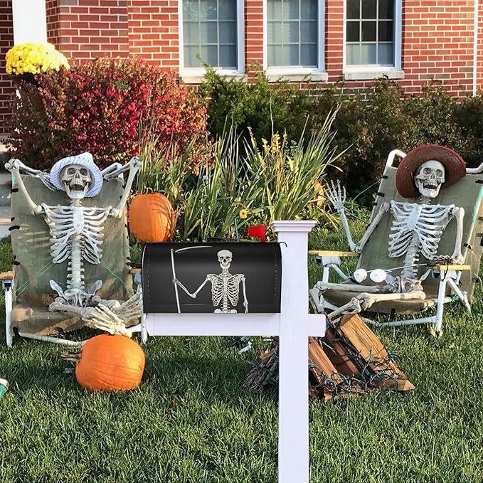 Happy Halloween Skull Mailbox Cover, Skeleton 21x18 Inch Magnetic Mailbox Covers, Black Standard Size Mailbox Wrap Post Letter Box Cover Mailbox Post Cover for Garden Yard Decor