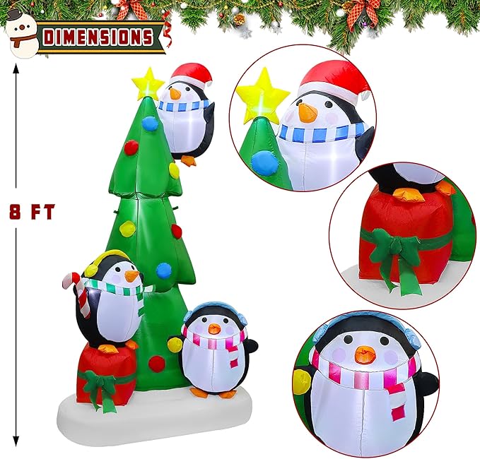 Joliyoou 8FT Christmas Inflatable Yard Decoration, Blow Up Giant Christmas Tree with Penguins Placing Star, Air-Blown Outdoor Holiday Display with Built-in LED and RGB Lights for Xmas Lawn Decor