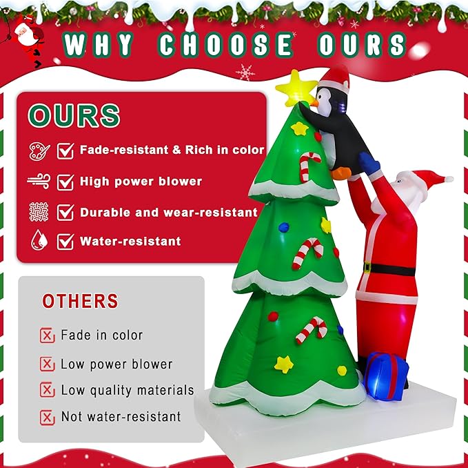 9FT Christmas Inflatables Tree Outdoor Decoration, Santa Claus & Penguin Lighted Party Decoration, Blow Up Decor with Built-in LED Lights Suitable for Lawn/Yard/Garden/Porch