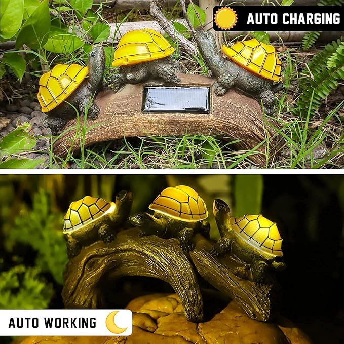 pearlstar Solar Outdoor Statues Turtle on Log Yard Decor Waterproof Figurine Light Garden Decorations Lawn Ornaments for Patio Backyard Gift for Mom Woman Grandma Lovers