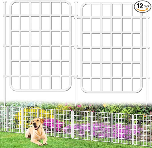 13ft x 17in Garden Fence Animal Barrier, 12 Panels No Dig Fence Border, Rustproof Metal Decorative Garden Fencing with Ground Stake, Flower Bed Edging Border for Dog, Rabbit, Outdoor Patio, White