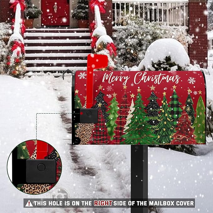 Merry Christmas Large Mailbox Covers Magnetic Oversized Xmas Tree Mail Box Cover Winter Snowflake Mailbox Wraps for Outside Garden Yard 25.5x21 inch Happy New Year Red
