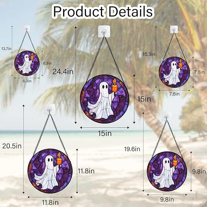 Stained Glass Window Hanging - Halloween Decorations Ghost Suncatcher for Doors Garden Indoor Spooky Funny Purple Sun Catchers Gothic Decor Horror Gifts for Women Men Friend 15 in