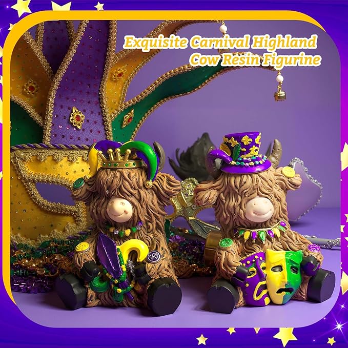 2 Pack Mardi Gras Highland Cow Resin Figurine Mardi Gras Bathroom Highland Cow Gnomes with Mask Starfish Resin Statue for Garden Table Shelf Home Decor Calf Gnome Herd Gifts