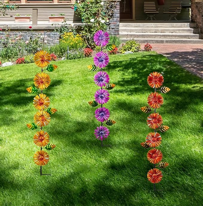 Stargarden Metal Flowers Garden Stakes, 3 Pack Decorative Garden Stakes, Colorful Garden Decor Waterproof Metal Flowers for Outside, Lawn, Patio