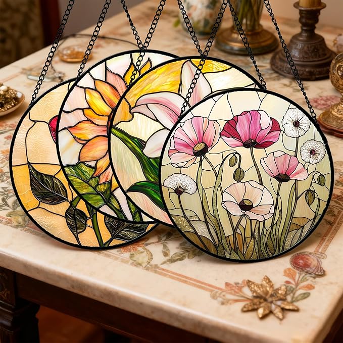 Stained Glass Window Hanging 4 Pcs Set Lily Rose Sunflower Poppy 7.8" - Flower Suncatcher Door Garden Sun Catcher Decor Birthday Mother's Day for Wife Woman Nana Girl