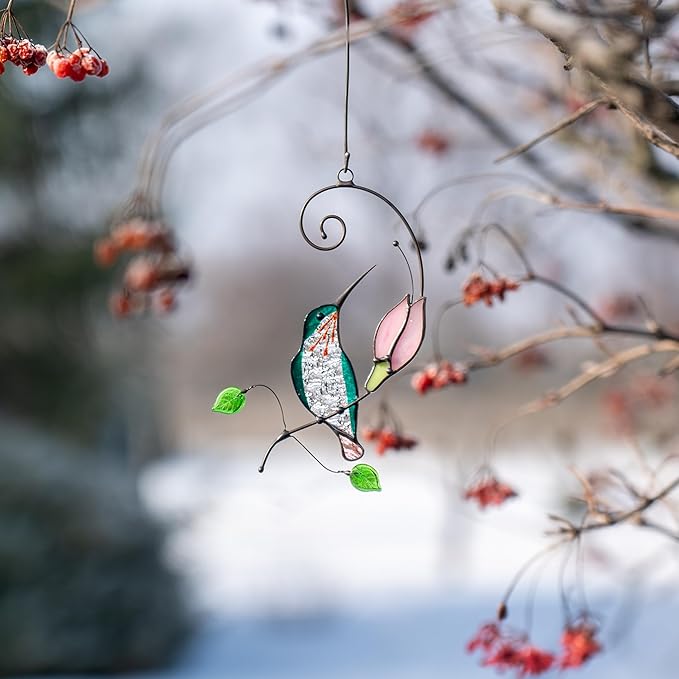 Hummingbird Cardinal Birds Stained Glass Suncatcher Genuine Stained Glass Window Hangings Unique Indoor Ornament & Outdoor Decor (Hummingbird)