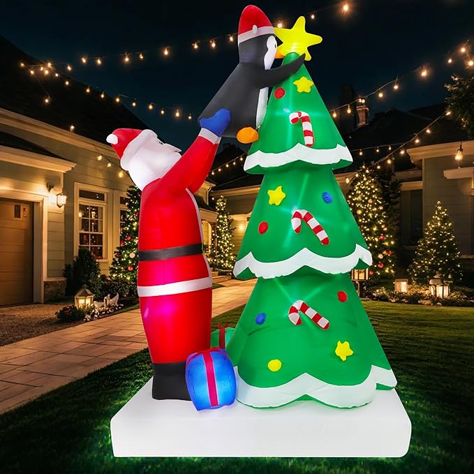 9FT Christmas Inflatables Tree Outdoor Decoration, Santa Claus & Penguin Lighted Party Decoration, Blow Up Decor with Built-in LED Lights Suitable for Lawn/Yard/Garden/Porch