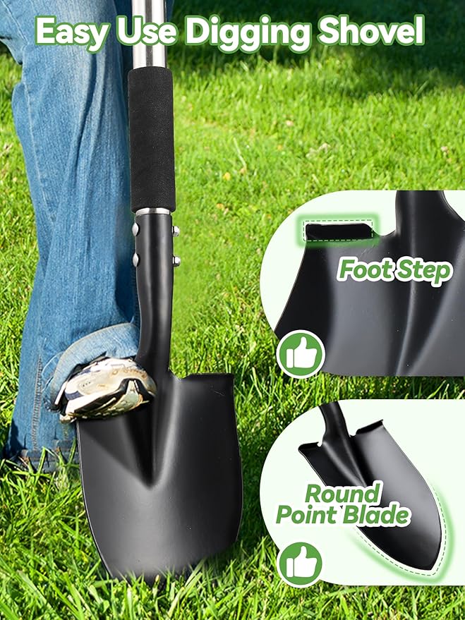Shovel, 31 inch Small Shovels for Digging Gardening, Camping, Off Road, Short Metal Garden Shovel with Round Point Blade, D-Handle Grip, Kids Mini Sand Beach Spade, Heavy Duty Car Snow Removal Tools