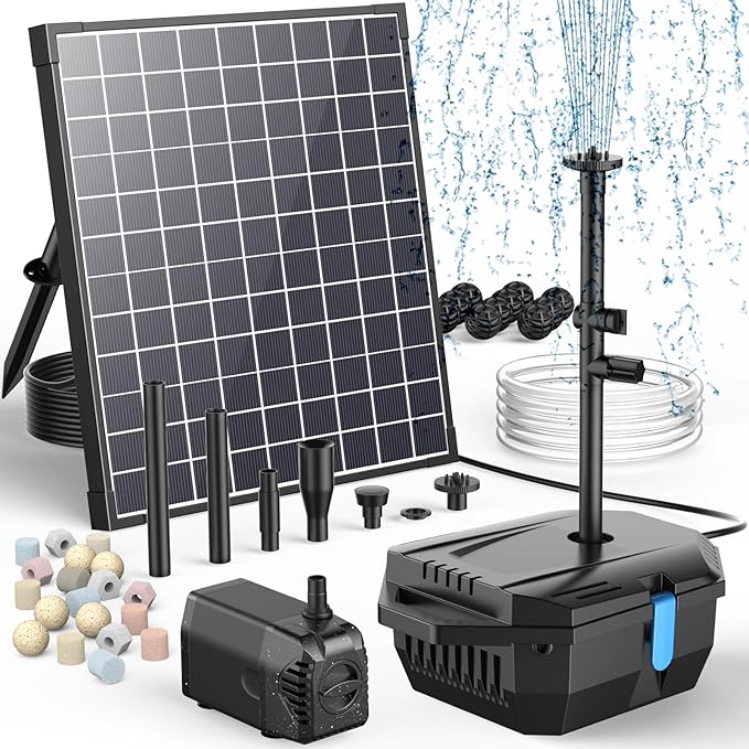 Antfraer 25W Solar Pond Filter with Fountain Pump, Pond Filters for Outdoor Ponds with 16.5Ft Cord Length/6.6Ft Tubing for Ponds, Fish Tank, Wildlife Garden, Fountains, Waterfall Water Feature