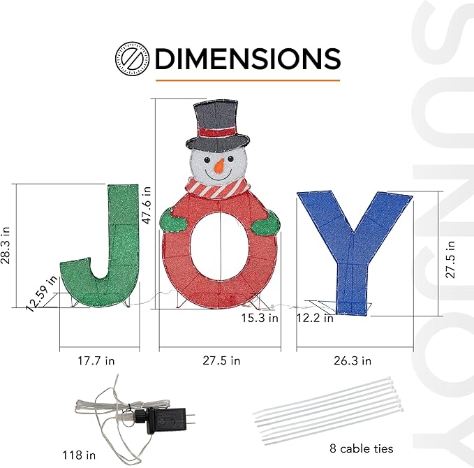 SUNJOY 4 FT Large Christmas Lighted Joyous Snowman, 2D Tinsel Santa Joy Display Set Outdoor Garden Yard Lawn Festive Holiday Decoration with Lights for Indoor & Outdoor