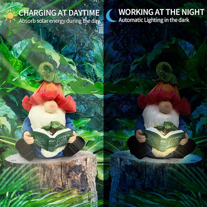 Garden Gnome Statue-Resin Gnome Figurine Hugging Turtle Reading Book with Solar LED Lights，Outdoor Summer Decorations for Patio Yard Lawn Porch,Garden Ornament Gift
