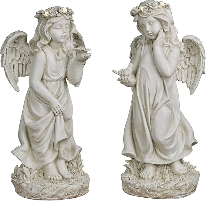 Serene Angel Ivory Indoor Outdoor Garden Sculptures Set of Two