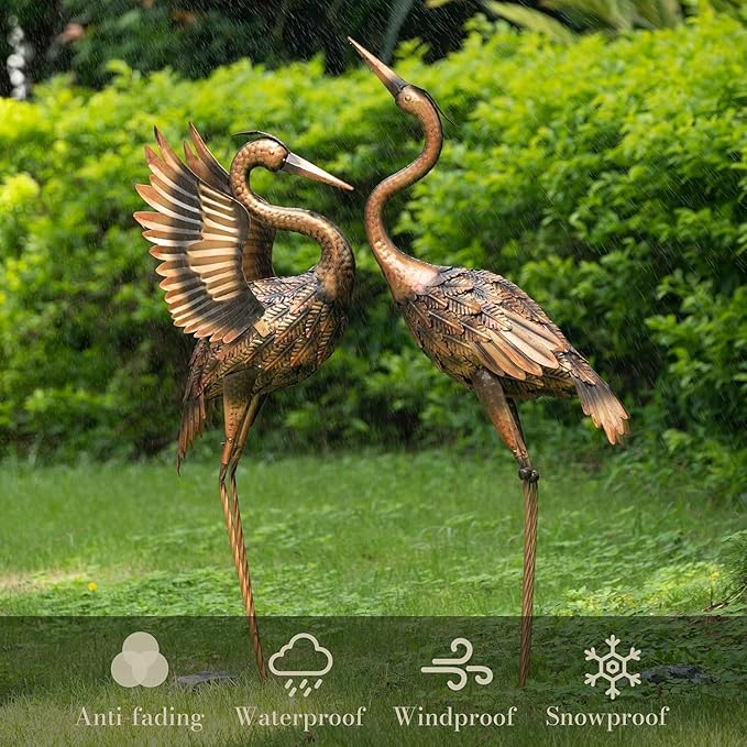 TERESA'S COLLECTIONS Garden Decor, Set of 2 Brass Herons Garden Decor, 25-26", Waterproof Metal Garden Statue, Herons Gifts, Garden Gifts for Women Mom, Indoor/Outdoor