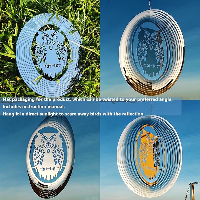 Owl Scarecrow Bird Deterren for Outside Patio Garden Porch Pool Window,16" Mirror High Reflective Bird Scare Devices Wind Spinners Outdoor Decor,Bird Reflectors to Keep Woodpecker Away from House