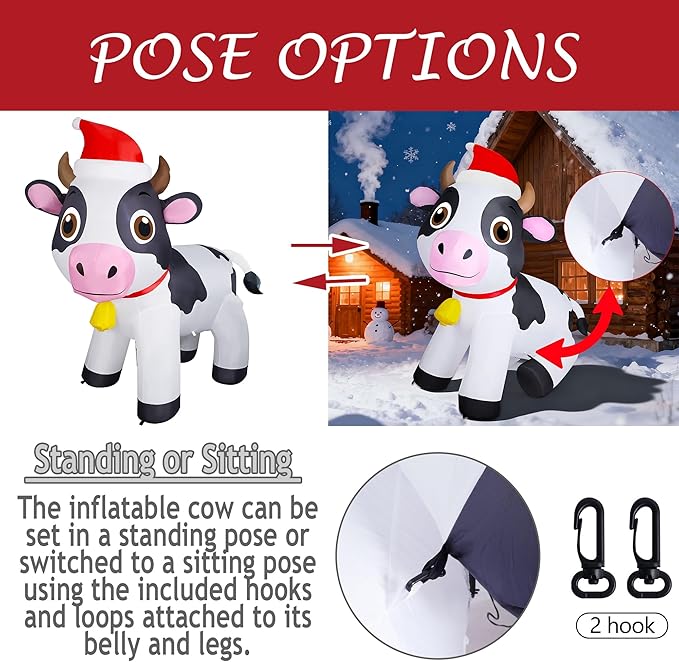 Lulu Home 6FT Christmas Inflatables Cow, Giant Blow Up Dairy Cattle Wearing Santa Hat with Built-in LED Lights, Air-Blown Highland Cow Decoration for Yard Indoor Outdoor Xmas Holiday Display