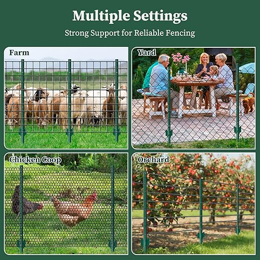 20 Pack Metal Fence Posts, 5ft Heavy Duty U-Post, Green Garden Stakes, No-Dig Post Anchors for Wire Fences, Temporary Fencing, Electric Fence, and Corner Support