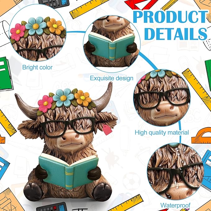 Wesiti 2 Pcs Highland Cow Figurines Spring Sunflower Highland Cow Gnomes Scottish Resin Statue Calf Lovers Gifts for Summer Home Garden Kitchen Office Tiered Tray Table Decor (Reading)