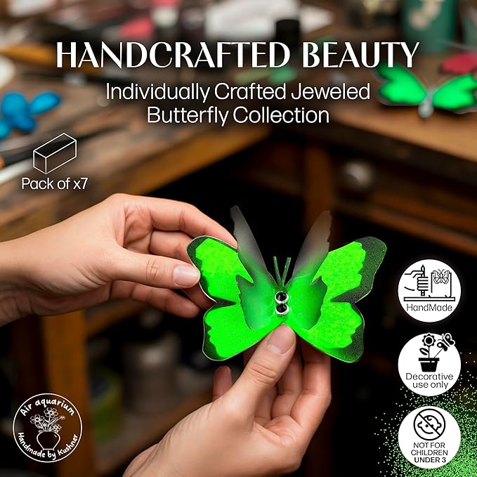Handmade Green Butterfly Garden Stakes Set of 7 - Decorative Outdoor & Indoor Plant Decor - Nature Lover Gift Idea by Air Aquarium Kushner