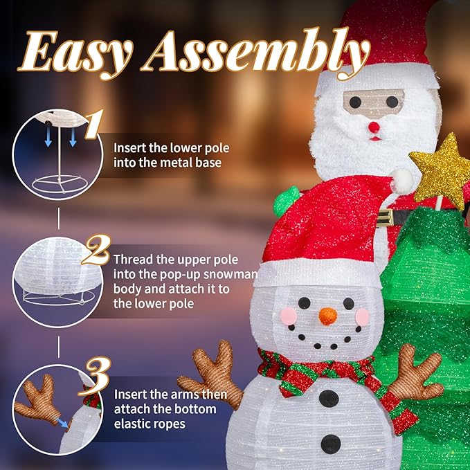 VINGLI 3 Pack 30" 30 Inch Lighted Snowman Santa Claus Christmas Tree Decorations, Prelit Multicolor LED Xmas Yard Lawn Porch Decor for Indoor Outdoor Holiday Winter Christmas Display Set pathway decor