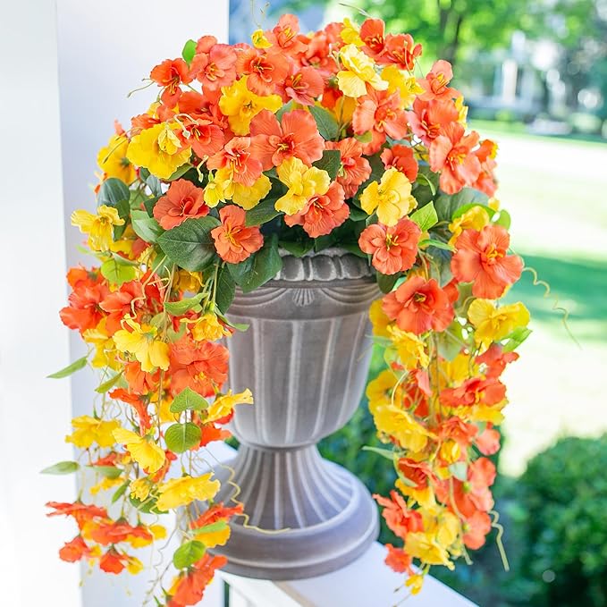 Artificial Hibiscus Fake Hanging Flowers Plants for Outdoors Fall Autumn Decoration, 2pcs Silk Hibiscus Trailing Vines UV Resistant Realistic Faux Flowers for Outside Front Door Porch Yard Indoor, Mix