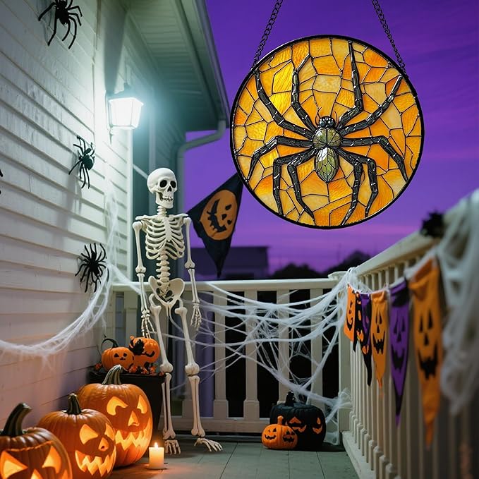 Stained Glass Window Hanging - Halloween Decorations Black Spider Suncatcher for Doors Garden Indoor Spooky Funny Sun Catchers Gothic Decor Horror Gifts for Women Men Friend 7.8 in