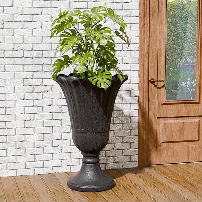 23.6" Tall Plastic Urn Planters for Outdoor Plants, Set of 2 Heavy-Duty Classic Indoor Large Flower Pots with Drainage Holes & Petal Design, Outdoor Planters for Porch, Home Garden, Black