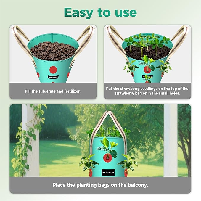 (BFCM Deal 3 Pack 3 Gallon Hanging Strawberry Planter Bags, 12 Holes PE Grow Bags with Bottom Drainage, Reusable Vertical Planters for Small Space Gardening(Green)