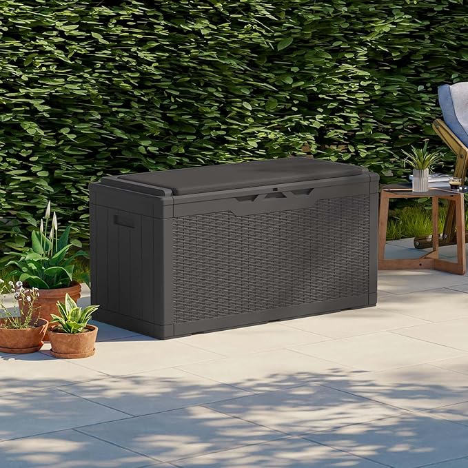 Patiolife 100 Gallon Resin Deck Box with Cushion, Large Outdoor Storage Box for Garden Tools, Pool Supplies, Waterproof and Lockable, Black