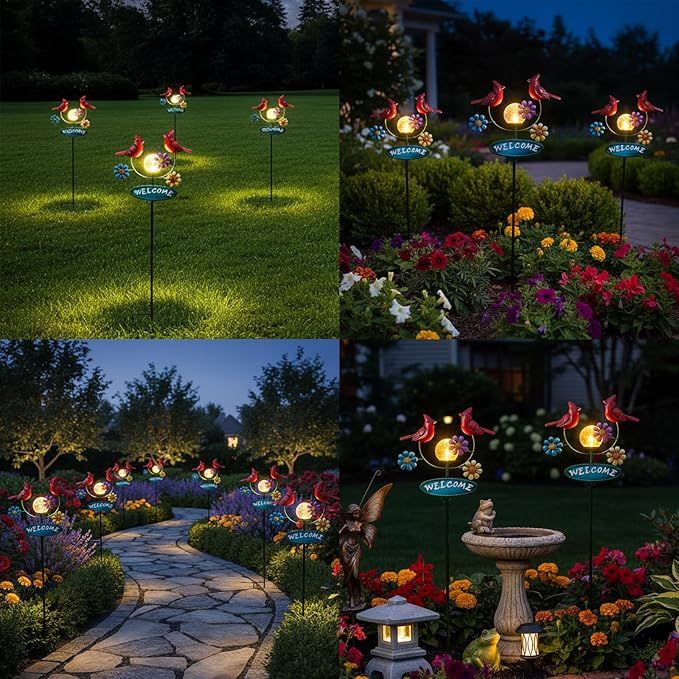 Solar Garden Stakes Metal Welcome Signs for Outside 29.5', 2 Flying Cardinals with Cracked Glass Ball,Decorative Garden Stakes for Lawn, Patio, Cardinal Gifts for Women