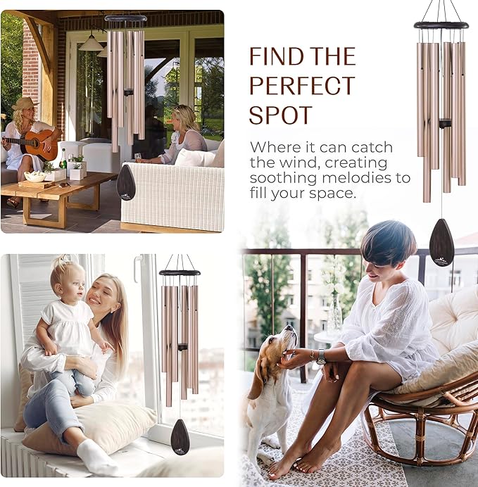 UpBlend XL Wind Chimes for Outside Gift – Deep Tone Wind Chime with Decorative Stone – Porch & Patio Decor, Elegant Outdoor Ornament, Garden Gifts. 38” Gold.