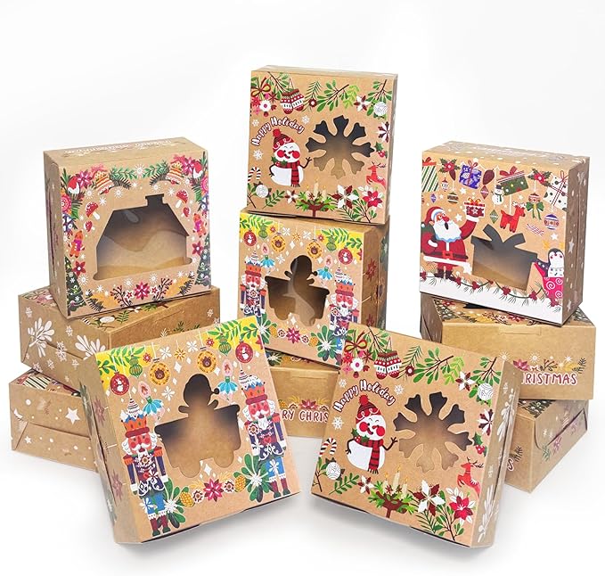 qiqee Christmas Treat Boxes with Window 36pcs 6x6x3 Brown Kraft Bakery Cookie Boxes Small Donut Pastry Boxes for Holiday Gift-giving Party Supply