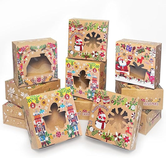 qiqee Christmas cowhide Boxes with Window 60pcs 6x6x3 Cookie Boxes Macaron Boxes Small Donut Pastry Boxes for Christmas