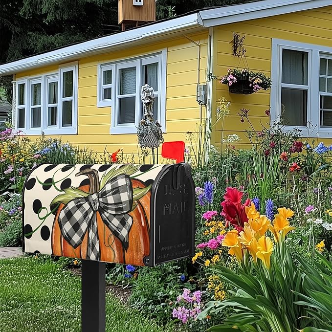 Fall Mailbox Covers Magnetic Pumpkin Mail Box Cover Standard Size 21x18 inch Autumn Polka Dot Mailbox Wrap Bowknot Buffalo Plaid Decorative Mailboxes for Outside Garden Yard