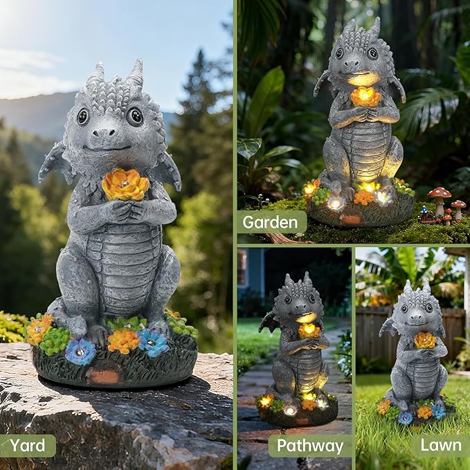 Solar Garden Outdoor Statues Dragon Holding Flower with Solar LED Lights - Lawn Decor Outdoor Statue for Patio, Balcony, Yard Ornament,Housewarming for Mom Grandma