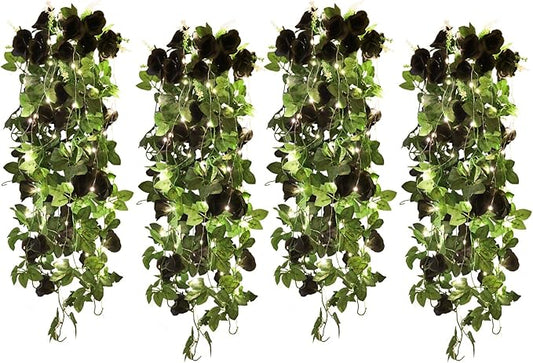 RECUTMS Artificial Hanging Rose Flower 4Pieces 3.3Ft Flowers for Outdoors with 30 LED Fairy String Lights Fake Indoor Wall Wedding (Black)